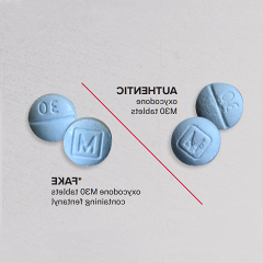 左边的蓝色药片的照片上刻有一个真正的药片生产商的标记. 一条红线. 然后是雕刻几乎完全相同的药片，但却是假药. 资料来源:DEA (http://www).dea.gov / onepill)