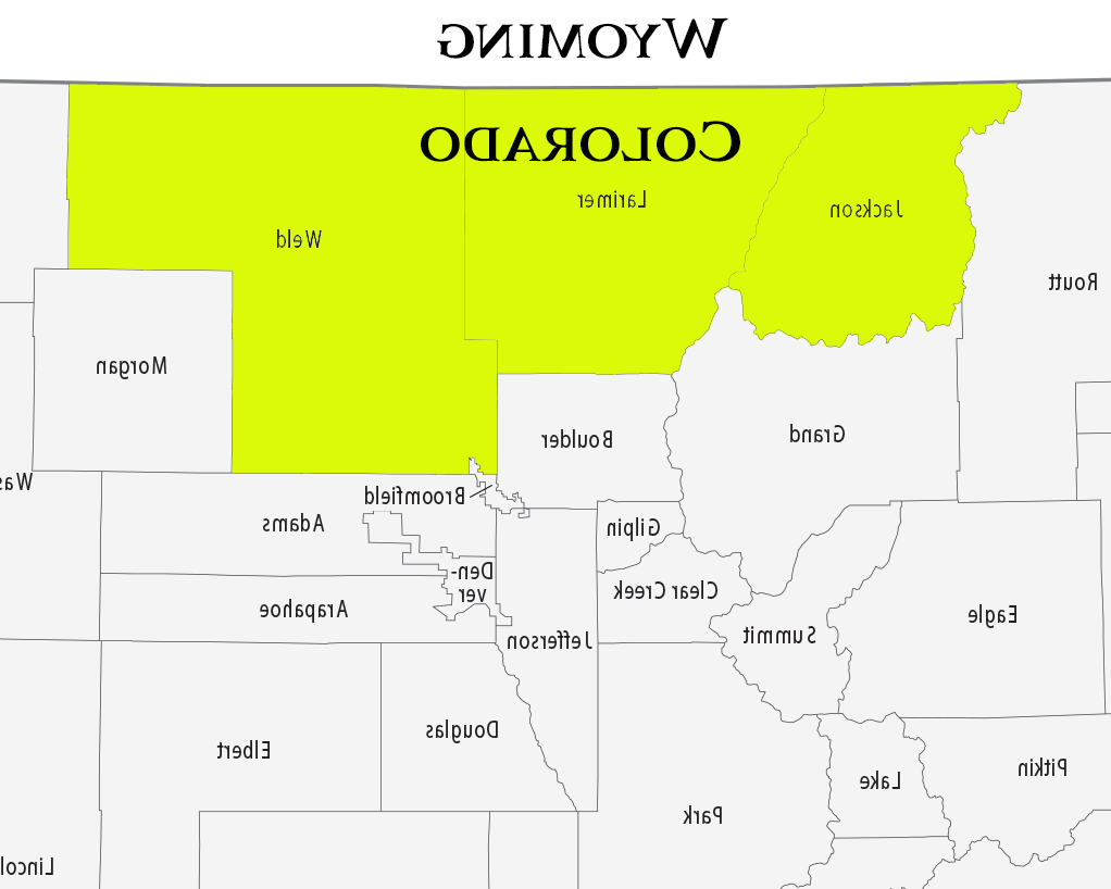 维尔德县、拉里默县和杰克逊县在科罗拉多县的放大地图上突出显示. 
